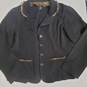 Courtenay Black Blazer Jacket Leopard Trim Buttons Women's Size 14 Suit Jacket